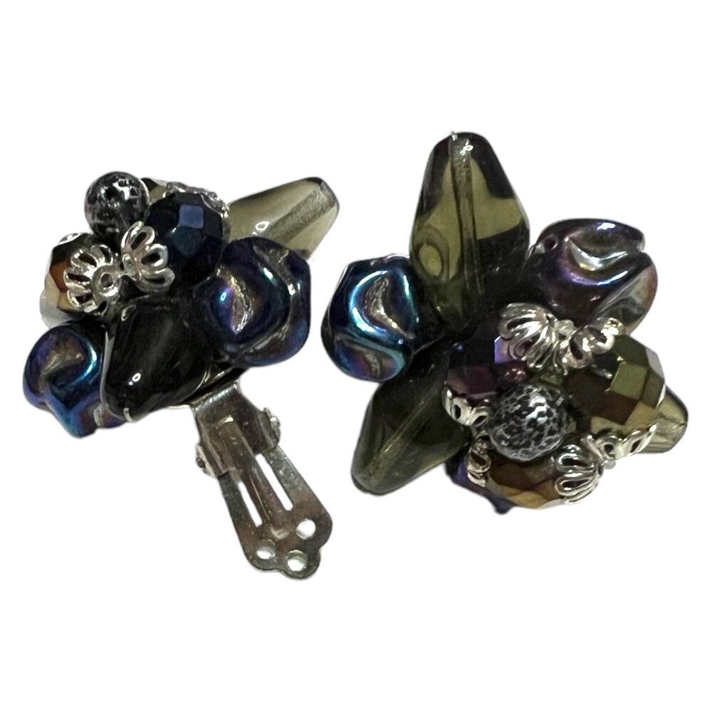 Vintage black iridescent AB beaded cluster silver tone clip earrings